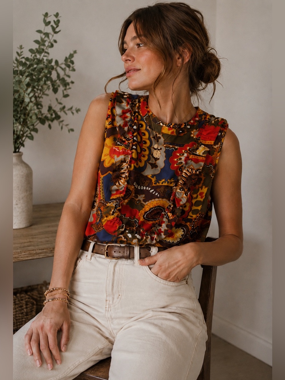 Women’s 100% Silk Sleeveless Paisley Ruffle Shell Top - Red Multi